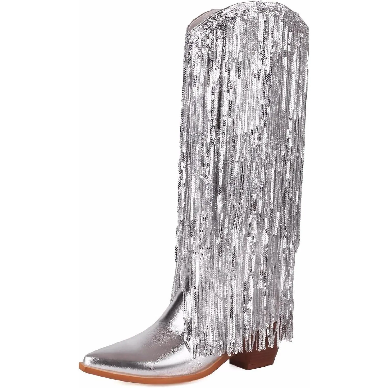 Women's Rhinestone Cowboy Boots Knee High Wide Calf Cowgirl Boots Western Pointed Toe Chunky Heel Sparkly Cowgirl Booties Pull On Cowboy Boots for Women