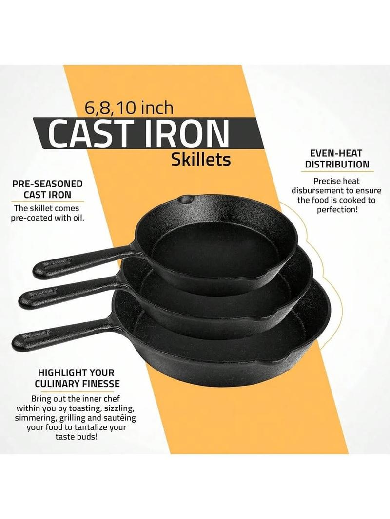 3Pcs Cast Iron Pan Pre-Seasoned Iron Skillet Set Heavy Duty Skillet Set With Pouring Lip For Grilling Searing Frying Baking(6 Inch, 8 Inch And 10 Inch) - Black