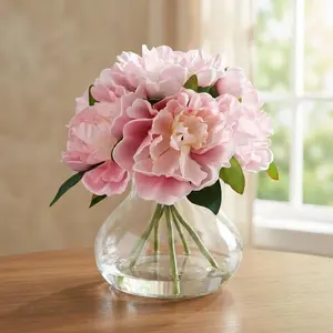 GAOMON Pink PU & Silk Faux Peony Arrangement - Artificial Peonies in Glass Vase with Faux Water for Home Decor