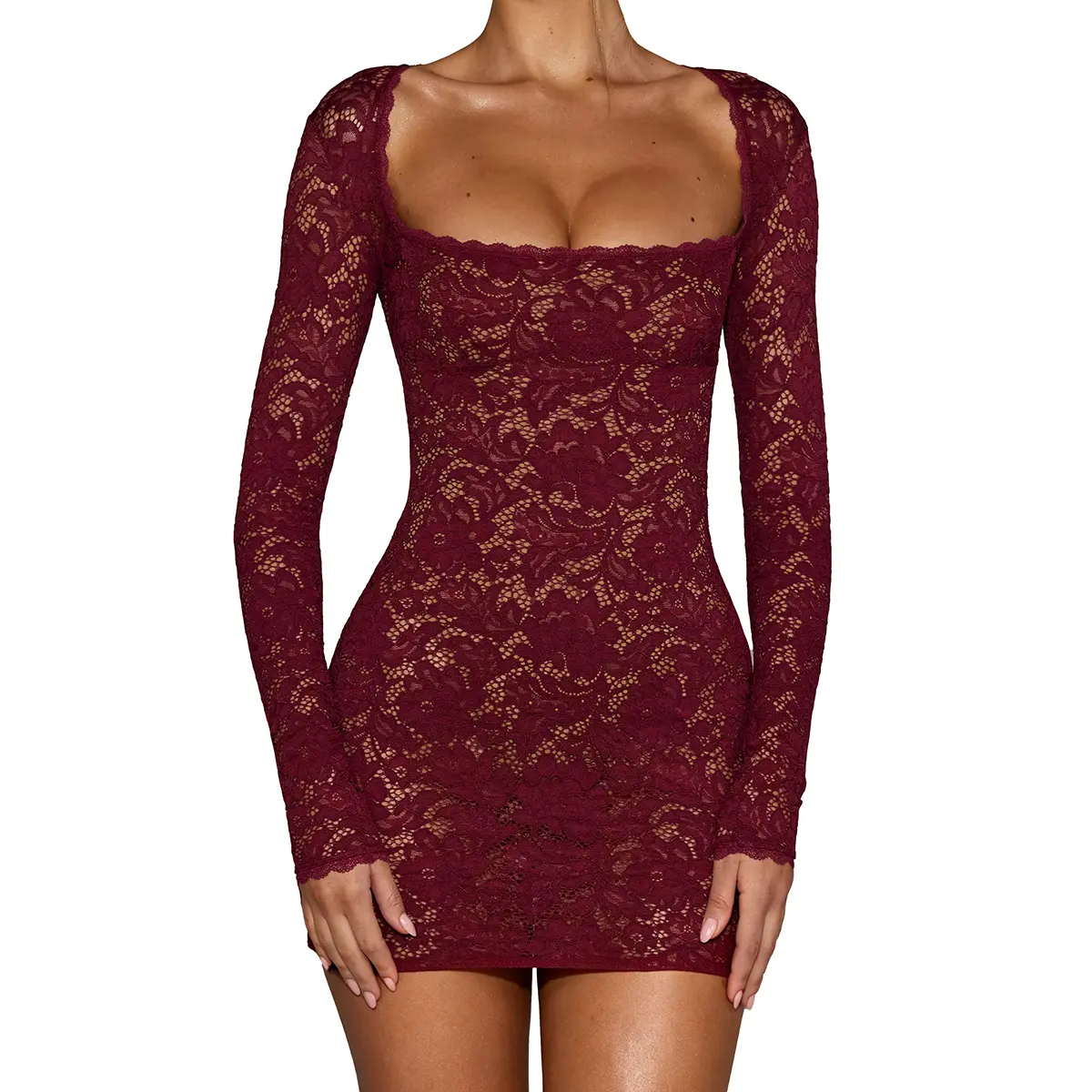 HYZ Women's Sexy Lace Bodycon Dress Long Sleeves Square Neck Cocktail Party Short Trendy Dress
