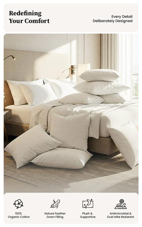 APSMILE 100% Organic Cotton Feather Down Throw Pillow Inserts Soft Decorative Square Pillows Insert