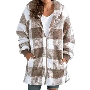Women's New Plaid Sherpa Hooded Jacket Long-Sleeve Zip & Pocket Loose Outer wear Warm Versatile for Daily & Casual Outings Womenswear Sweatshirts Black Winter TopsGift