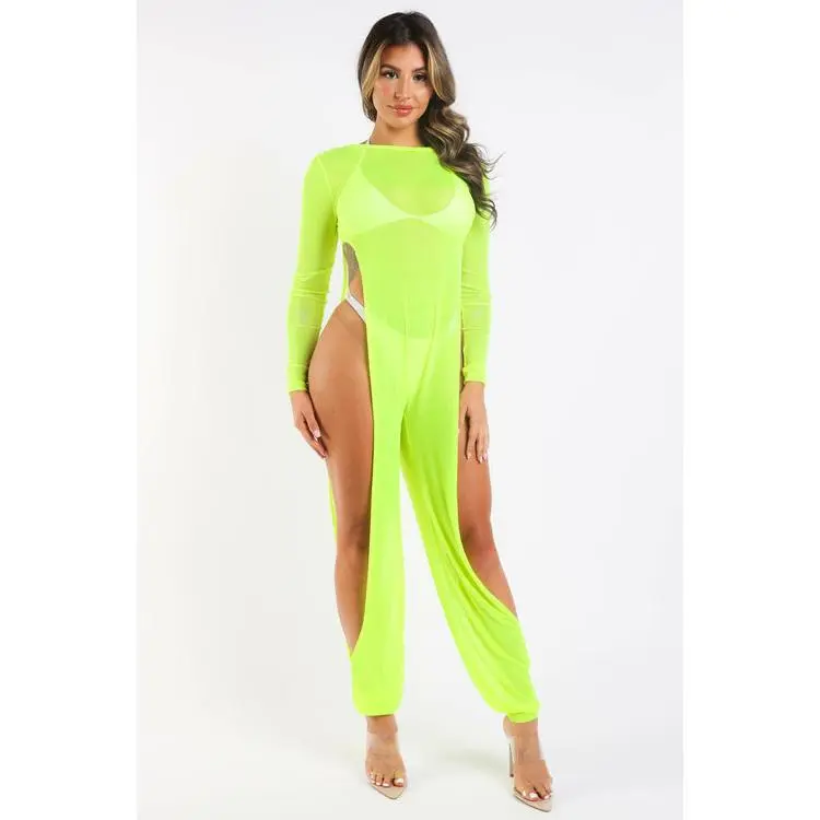 Sexy Mesh Cover Up Jumpsuit Summer Bodycon Beachwear NEON YELLOW