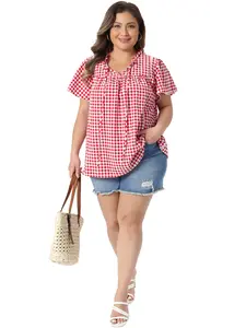 Agnes Orinda Plus Size Gingham Top for Women Tie Front Ruffle V Neck Short Sleeve Dressy Casual Blouse Shirt