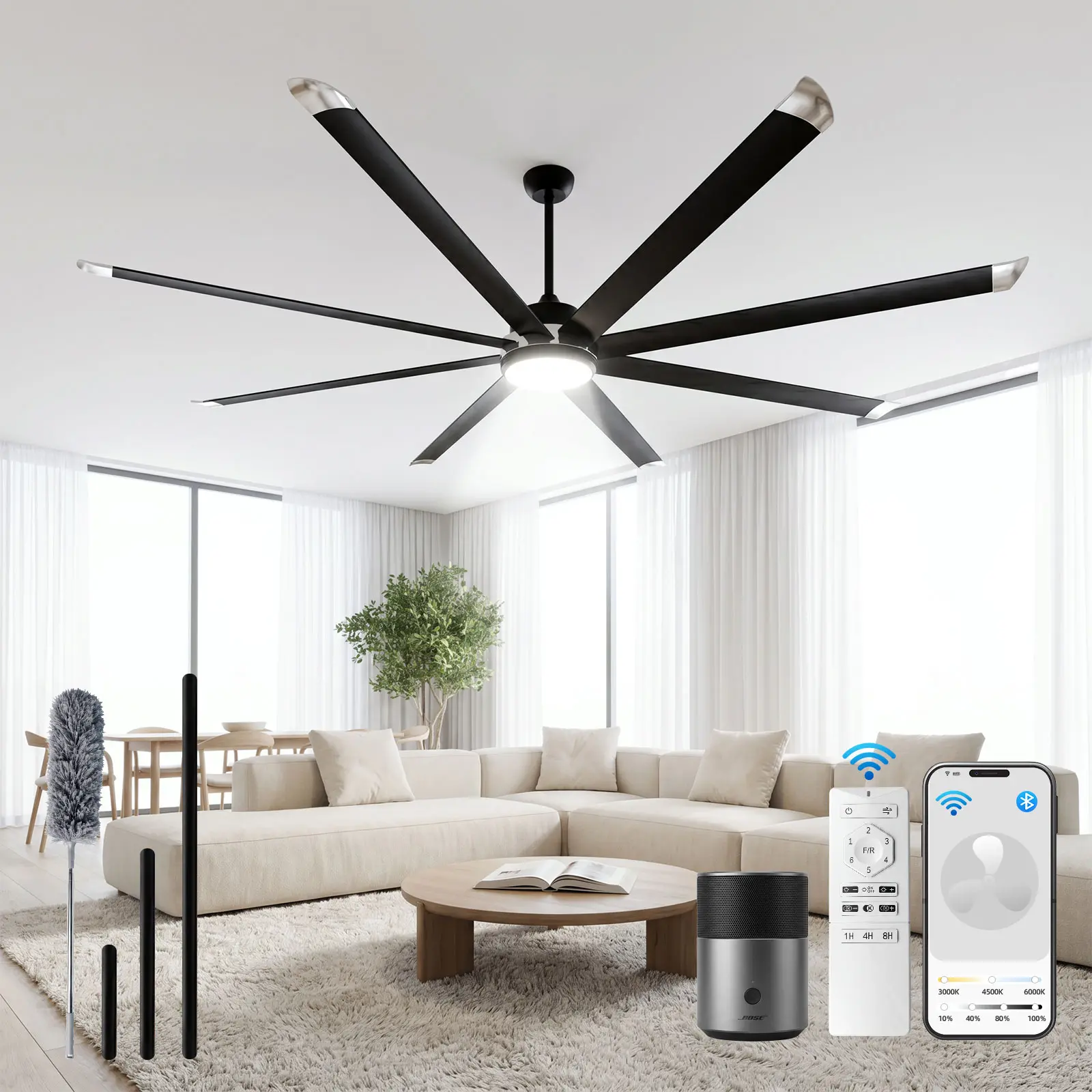 NORTHSKY Industrial Smart Ceiling Fan with Light (96/120 in), 8 Aluminum Blades, 3-Color Lighting, Remote/App/Voice Smart Controls, Reversible Flow, Adjustable LED Cooling Ceiling Fan for Garage, Large Rooms