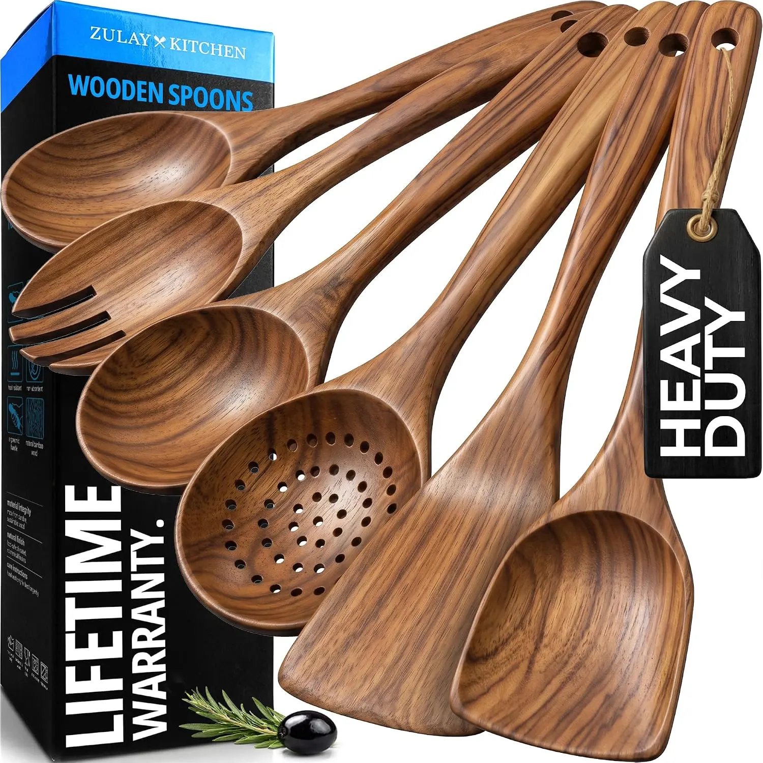 Zulay Kitchen 6-Piece Wooden Utensil Set - Teak Wood Spoons and Spatulas - Non-Stick, Oil-Safe, Aesthetic Design for Cooking and Serving