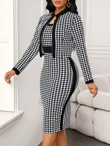 Black Houndstooth Pattern Short Jacket & Pencil Dress Set  Women's Business Work Party Outfit  Fall Women Clothes Casual Set  Business Casual Women Office Wear   Two Piece Outfits