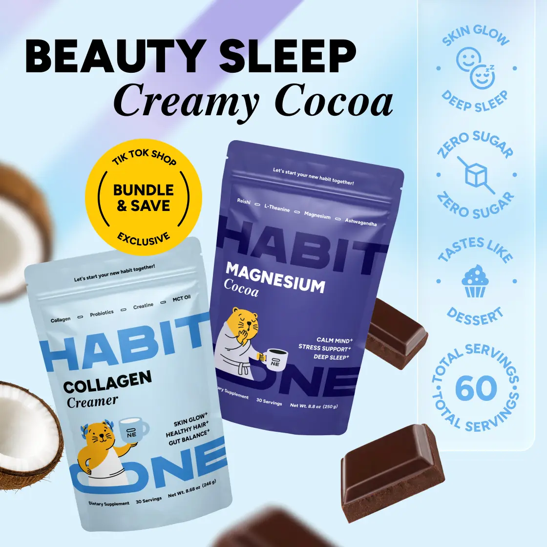 HabitONE Beauty Sleep Cocoa Bundle | 60 Servings | Magnesium Cocoa & Collagen Protein Creamer | Ashwagandha + Collagen | 0g Sugar