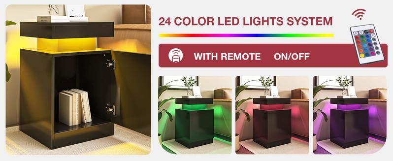 Oneinmil Nightstand Set of 2 with LED Lights Black Finish Night Stand with Storage Cabinet for Bedroom Bedside Table Soft Glow for Cozy Ambiance