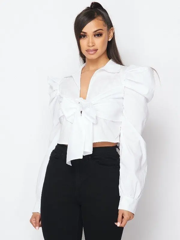Women's Feminine Bow Tie Neck Blouse - Soft Fabric, Long Puff Sleeve, Casual Bubble Shirt, Classy Black Top for Ladies - Ideal for Birthday Outfits, Pair with Trousers
