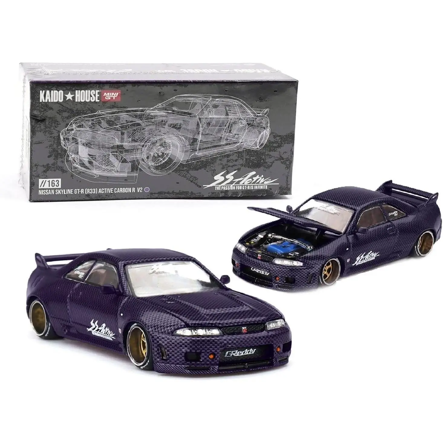 Kaido House x Mini GT 1/64 Scale Diecast Metal Model Car - Nissan Skyline GT-R (R33) Active Carbon R V2 Purple Limited Edition, KHMG163