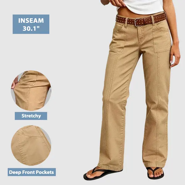 Flamingals Solid Stitch Detail Mid Waist Bootcut Pants Without Belt Stretchy 30.1'' Inseam