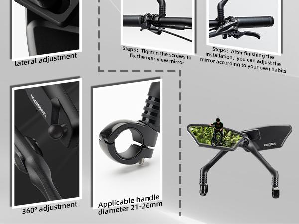 ROCKBROS HD Blast-Resistant Bike Mirror Adjustable Handlebar Mount 21-26mm Clear Secure View Shock-Resistant Mount Easy Installation Durable & Adjustable Convex Lens