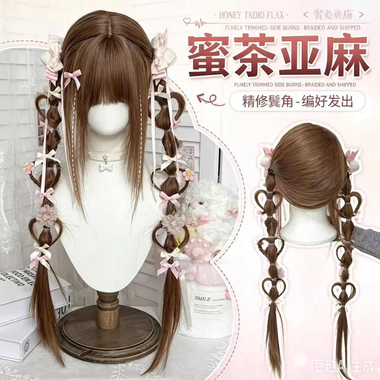 [Love Wave] Female Synthetic Full Machine Wig - 75cm Natural Straight, Breathable, Finely Trimmed Sideburns, Heart-Shaped Cute Double Ponytails, Fixed Parting, Hand-Woven, Non-Permable, Non-Dyeable, for Cosplay Wear