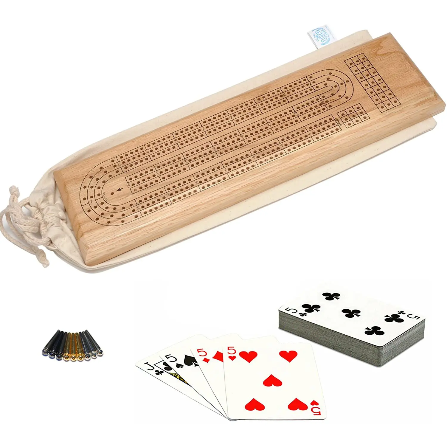 WE Games Deluxe Cribbage Set - Solid Wood Continuous 3 Track Board with Easy Grip Pegs, Deck of Cards & Canvas Storage Bag
