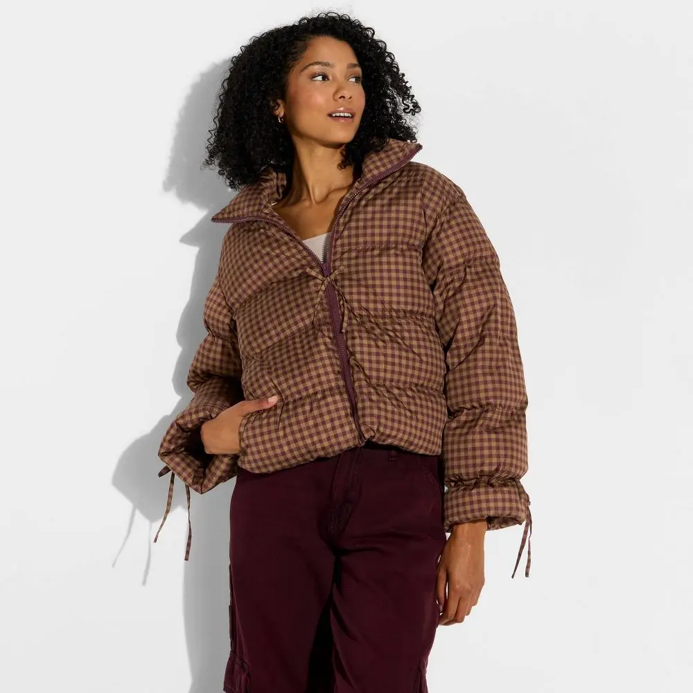 Women's Bow-Accent Light Long-Sleeve Puffer Jacket, Tops Garment with Premium Fabric - Wild Fable, Long Sleeves