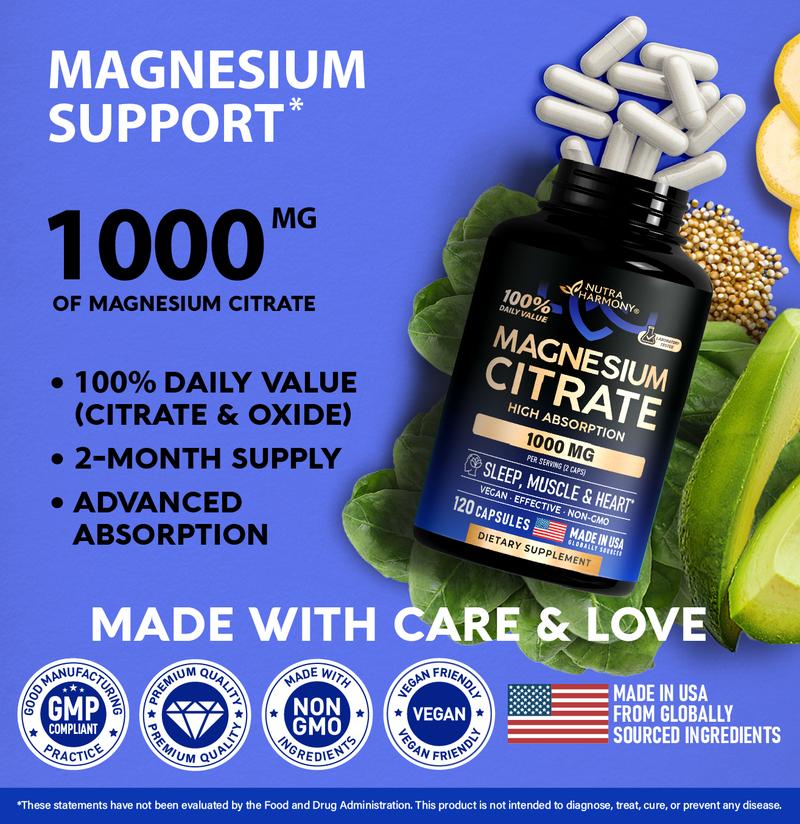 Magnesium Citrate Capsules 1000mg | 100% DV | High Absorption Supplement - Vegan | Non-GMO - Made in USA - 120 Capsules Energy GMO Free