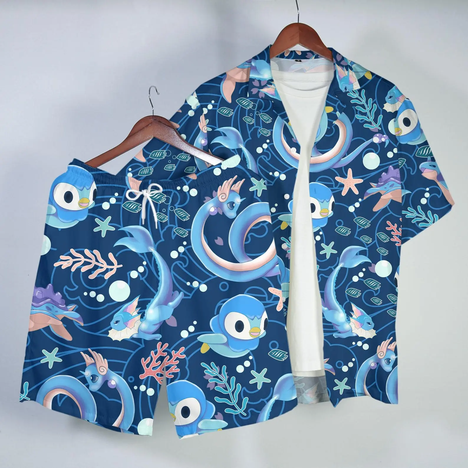 Piplup Hawaiian Shirt Tropical Button Up Shirt Cute Ocean Summer Beach Short Matching Set Unisex Outfit Piplup Shirt Gifts