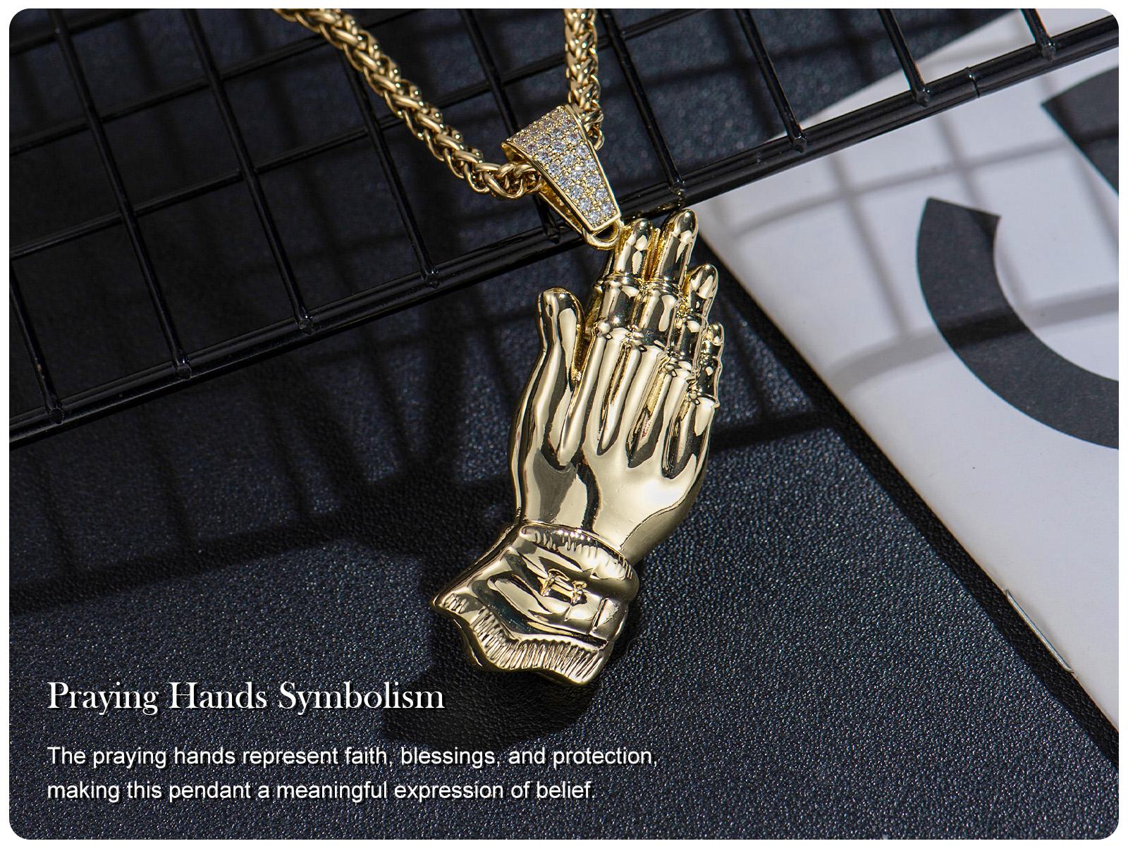 Holylegend 14K Real Gold-Plated Praying Hands Pendant Necklace for Men, 3D Carved Pendant with CZ Iced Bail, Gift-Ready Religious Jewelry