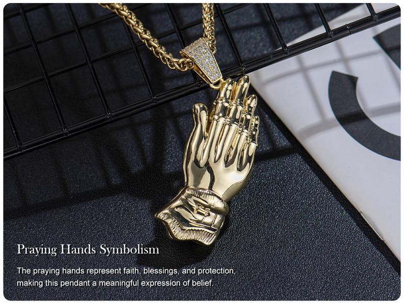 Holylegend 14K Real Gold-Plated Praying Hands Pendant Necklace for Men, 3D Carved Pendant with CZ Iced Bail, Gift-Ready Religious Jewelry