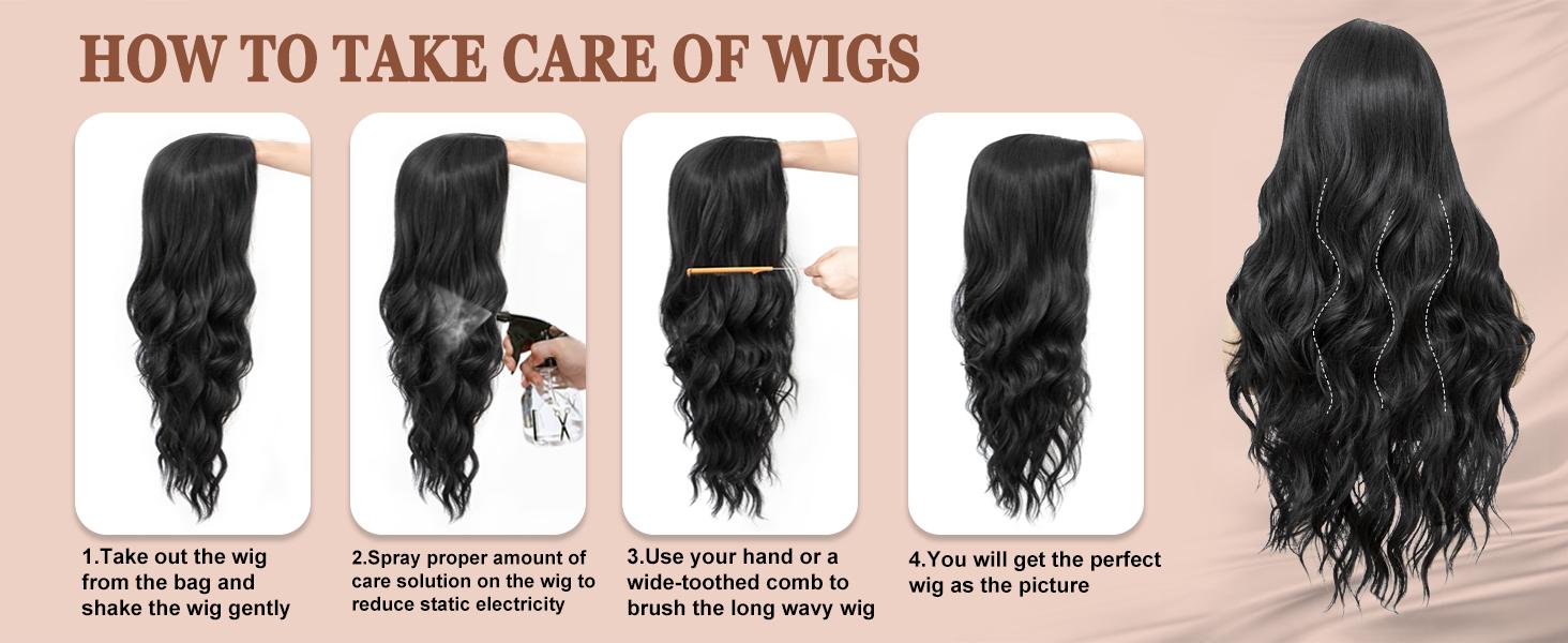 Black Wig for Women, Long Wavy Middle Part Synthetic Heat Resistant Wig for Daily Party