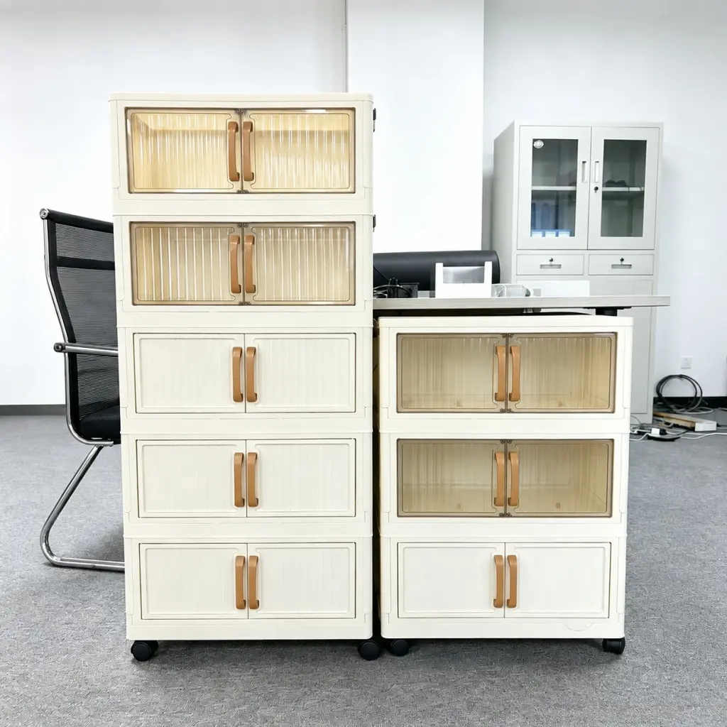 Modern Stackable Office Storage Drawer Unit with Doors & Casters, Foldable Plastic Organizer Cabinet for Home & Office, Large-Capacity Mobile Modular Storage Chest with Clear Doors for Documents & Books