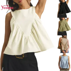 YeoKou Womens Sleeveless Peplum Top Swing Tank Loose Fit Back Button Casual Blouse Ruffled Shirts