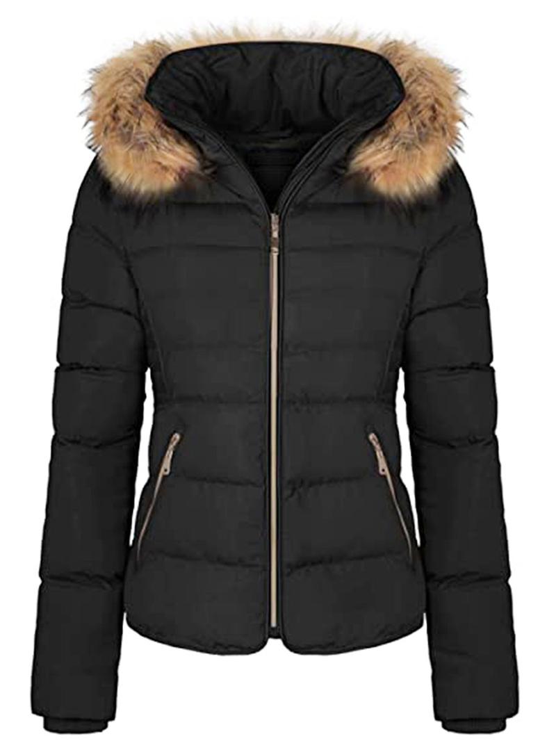 Women's Winter Quilted Puffer Coat Fleece Lined Warm Jacket with Removable Faux Fur Hood and Zipper Womenswear Comfortable