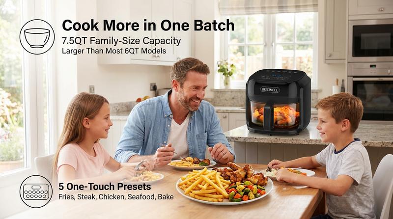 BOSWELL 7.5QT Glass Air Fryer with Transparent Bowl – 5-in-1 Rapid Heating, Fits a Whole Chicken, Oil-Free & Healthy Crispy Results, Dishwasher-Safe, A Perfect Valentine’s Day Gift for Family or Couples