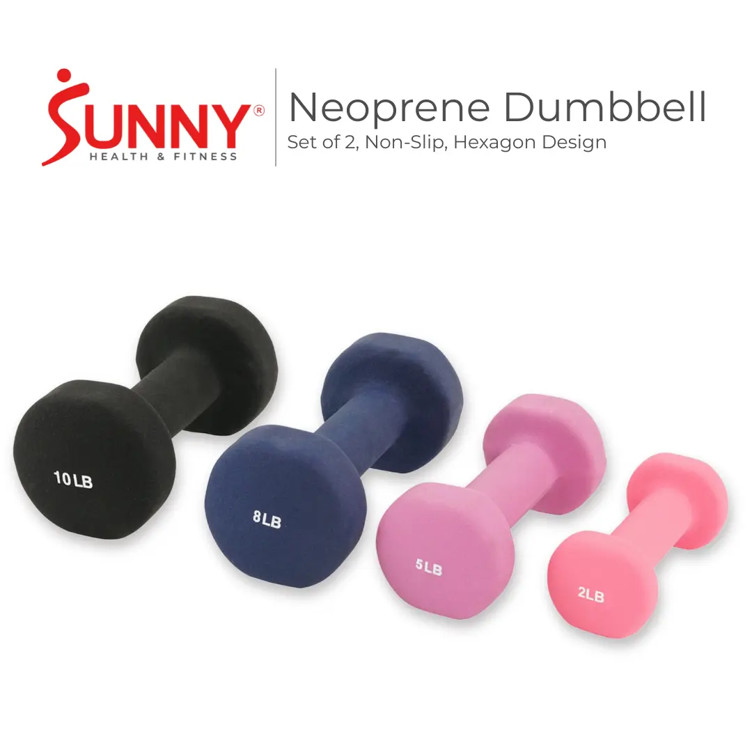 SUNNY Neoprene Hex Dumbbells Pair Set of 2 Non-Slip Handles Durable Hand Weights Strength Training 2 5 8 10 lbs Options for Women and Men Home Gym Fitness Full Body Workout Toning Exercise Free Weights Anti-Roll Dumbbell Set Pilates Yoga Aerobics