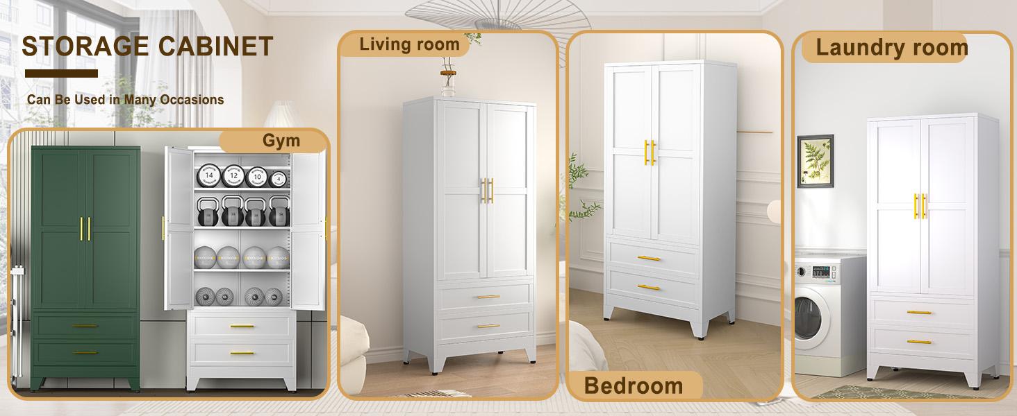 Metal Wardrobe Closet 71" with 2 Doors & 2 Drawers, Armoire Wardrobe Closet with Hanging Rods and Adjustable Shelf, Steel Wardrobe Storage Cabinet for Bedroom, Large mothersdaygift