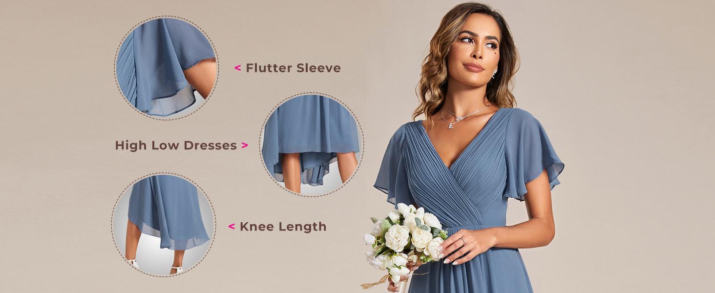Ever-Pretty 2026 【Plus size curvy dresses】,Chic V Neck Asymmetrical Hem Ruffles Sleeve Pleated Chiffon Wedding Guest Dress for Women Minimalist Shortsleeve Basic Comfort Formal 01923 Womenswear