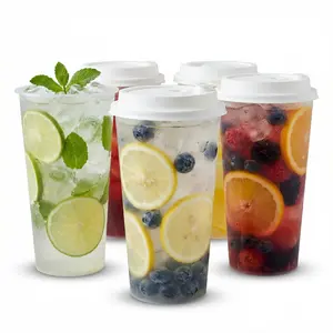 100sets 16oz 500ml disposable hard plastic cups with straw lids,cold hot drink cups for milk boba tea customizable