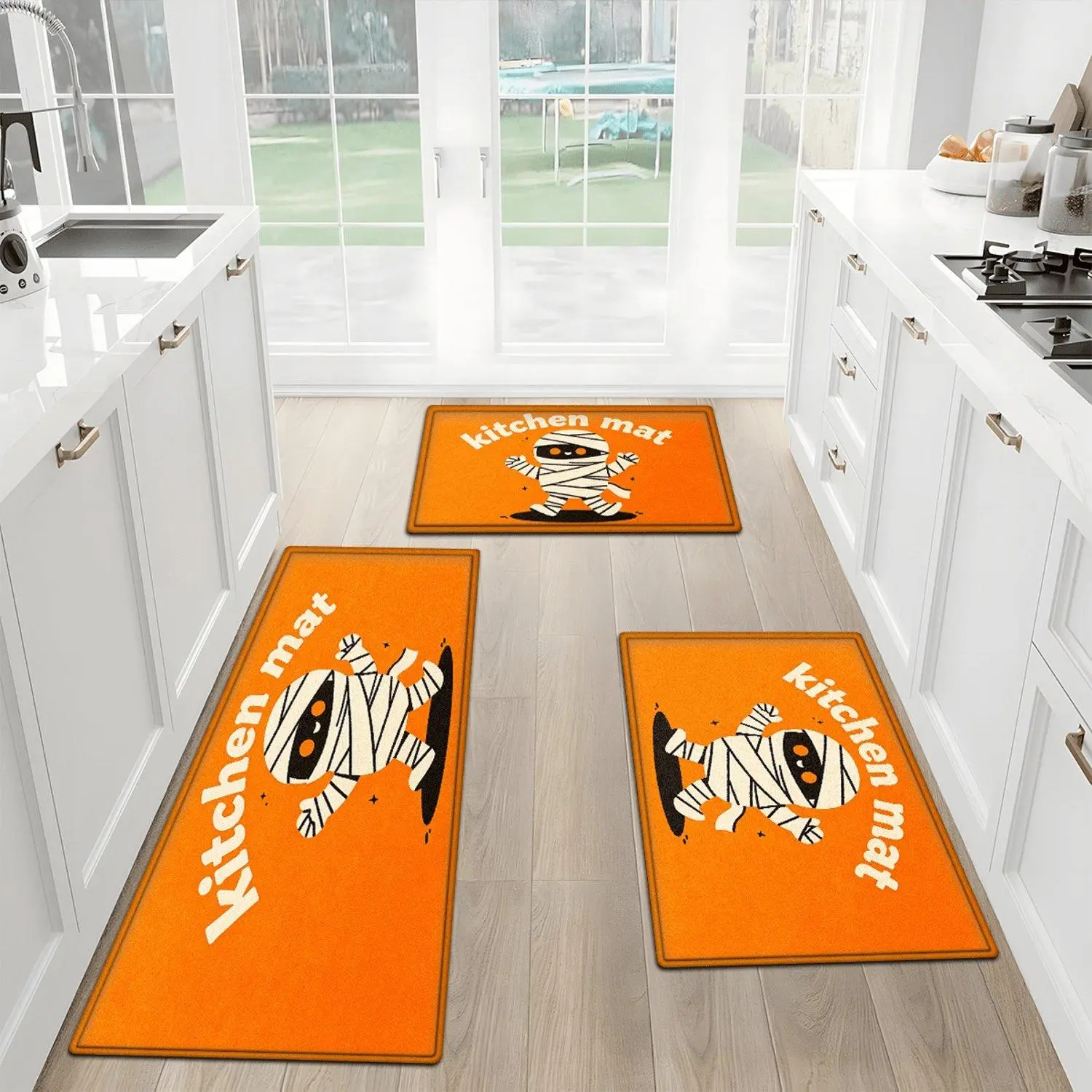 1pc Halloween Mummy Flannel Soft Kitchen Rugs Non-Slip Washable, Throw Rug, Non-Skid Runner Rug, Floor Mat, Doormat, Living Room Laundry Bathroom Water-Absorbing Mat , Area Rug, Decor