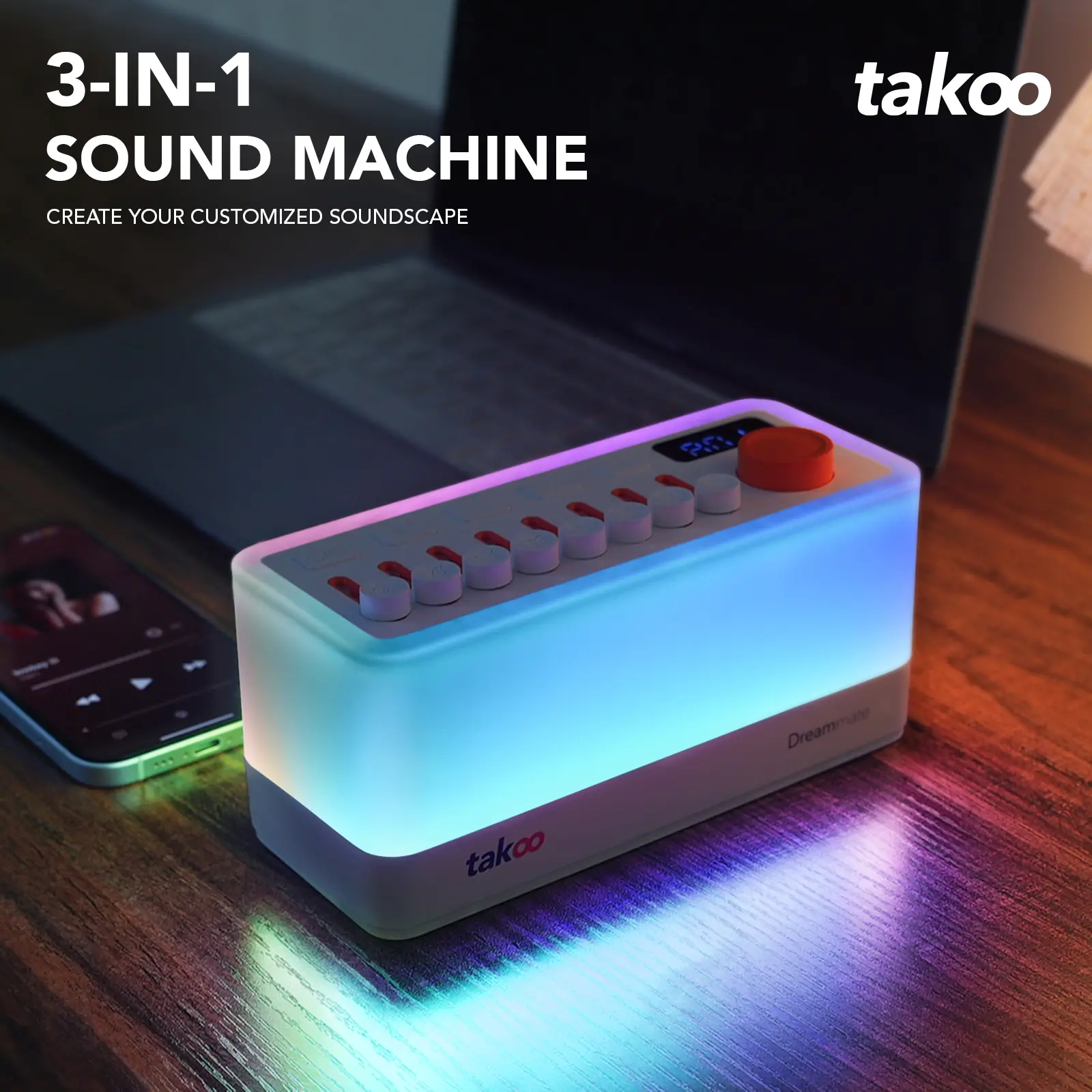 TAKOO 3-in-1 Multifunctional Desktop Speaker - Rechargeable Stereo Sound System, White Noise Machine, Night Light with 8 DIY Mixable Noises, 11 Ambient Lights, 180-Min Timer for Sleep Aid, Nursery | Music Gifts, Chill Room Accessories, Rechargeable Stereo