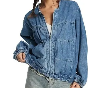 Women's Denim Bomber Jacket Casual Crewneck Long Sleeves Zip Collarless Cropped Jean Shirt Jacket with Pockets Relaxed Fit Import Lightweight Coats