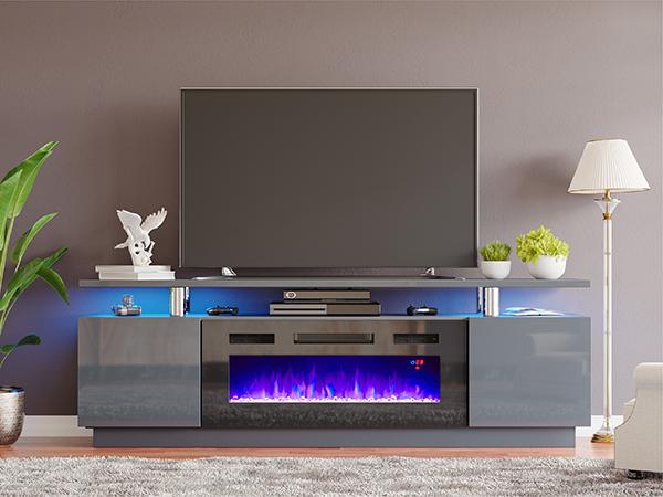 [Ships in 2 Boxes] VanAcc Fireplace TV Stand with Electric Fireplace, Modern High Gloss Entertainment Center with LED Lights, 2 Tier Console Cabinet for Living Room, Bedroom, Office, Remote Control, Multi-color available