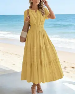 Women's Summer 2026 Casual Maxi Dress Lightweight Short Sleeve V Neck Boho Dress with Pockets Solid Color