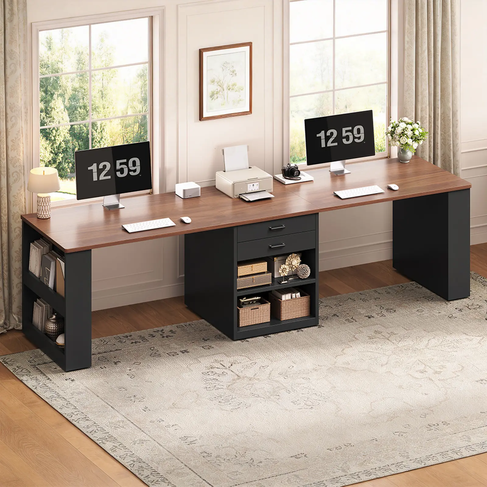 SEDETA 90.5" L x 19.7" W 2-Person Office Computer Desk Workstation, Meticulously Crafted with Storage Drawers & Shelves, Home Office Gaming Setup, Assembly Required