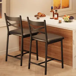 22.4 inch Bar Stools Set of 2 Bar Chairs with X Shaped Back Thick Cushion Counter Height Barstools for Dining Room Kitchen Counter Rustic Brown and Black-A