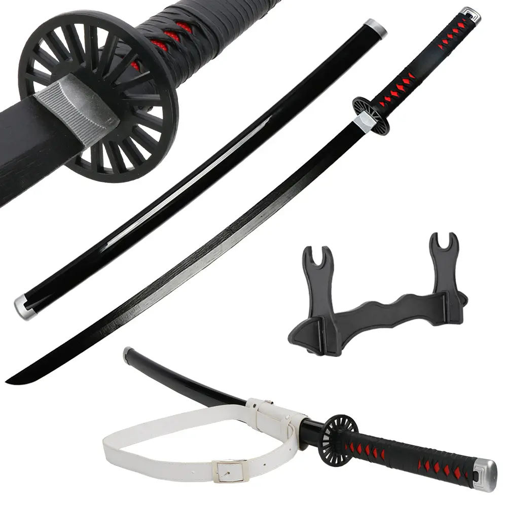 41-in Katana Sword Prop Kit - Kamado Tanjirou Demon Slayer Safe Plastic Dull Blade (1.1 lb, Safe Handling), Anime Wood Bamboo Replica, Belt, Holder Stand, Unisex Adults’ Cosplay Props, Birthday Christmas Gift (White)