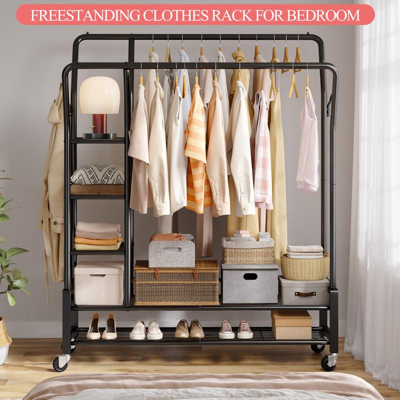Raybee Clothing Rack with Shelves &Double Hanging Rods, Portable Clothes Rack with Wheels Rolling Garment Rack,  HangingClothing racks Holds Up to 245LBS, Metal Closet Rack, Clothes Organizer Solutions 43.3"Wx22"Dx70.3"H