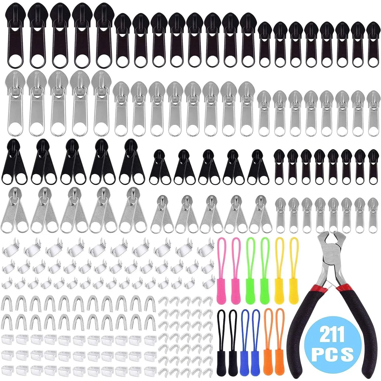 TUPARKA Multi-Size Zipper Repair Kit 211 Pcs, Metal Zipper Replacement with Installation Plier, Silver Black Zipper Accessories for Bags, Backpacks, Luggage & Household Daily Repair Tool Jacket Tent Clothing Purse