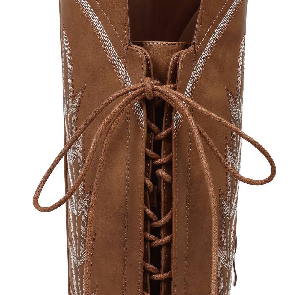 Western Thigh Knee High Cowboy Boots Wide Calf Adjustable Straps Pointed Toe Tall Cowgirl Botas with Zip Retro Embroidered Block Heel SpringStatements