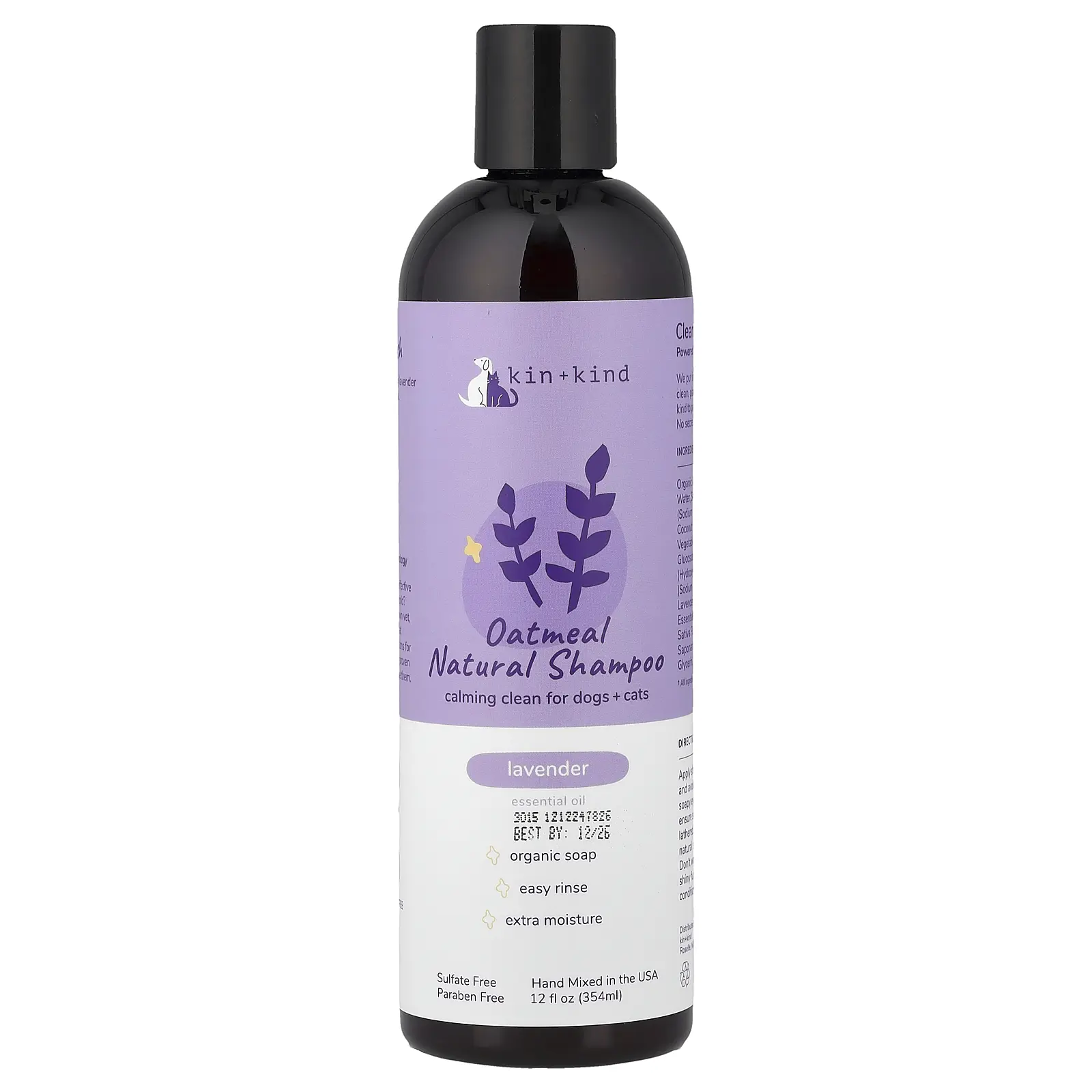 Kin+Kind Oatmeal Natural Shampoo, For Dogs + Cats, Lavender, 12 fl oz (354 ml)