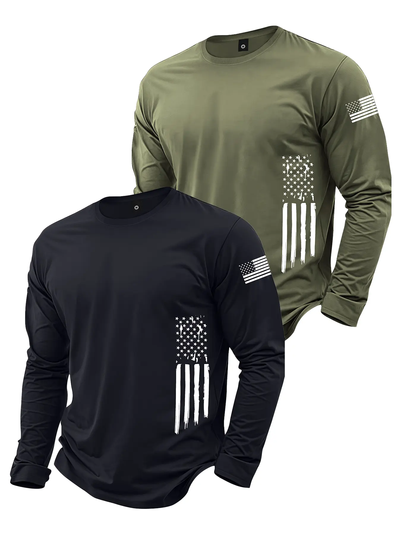 Men’s two-piece lightweight spring/autumn set featuring American flag print long-sleeve T-shirts—fashionable, minimalist, versatile base layer tops for casual everyday wear and commuting. Crew-neck men’s tops with a trendy street style, an ideal gift for