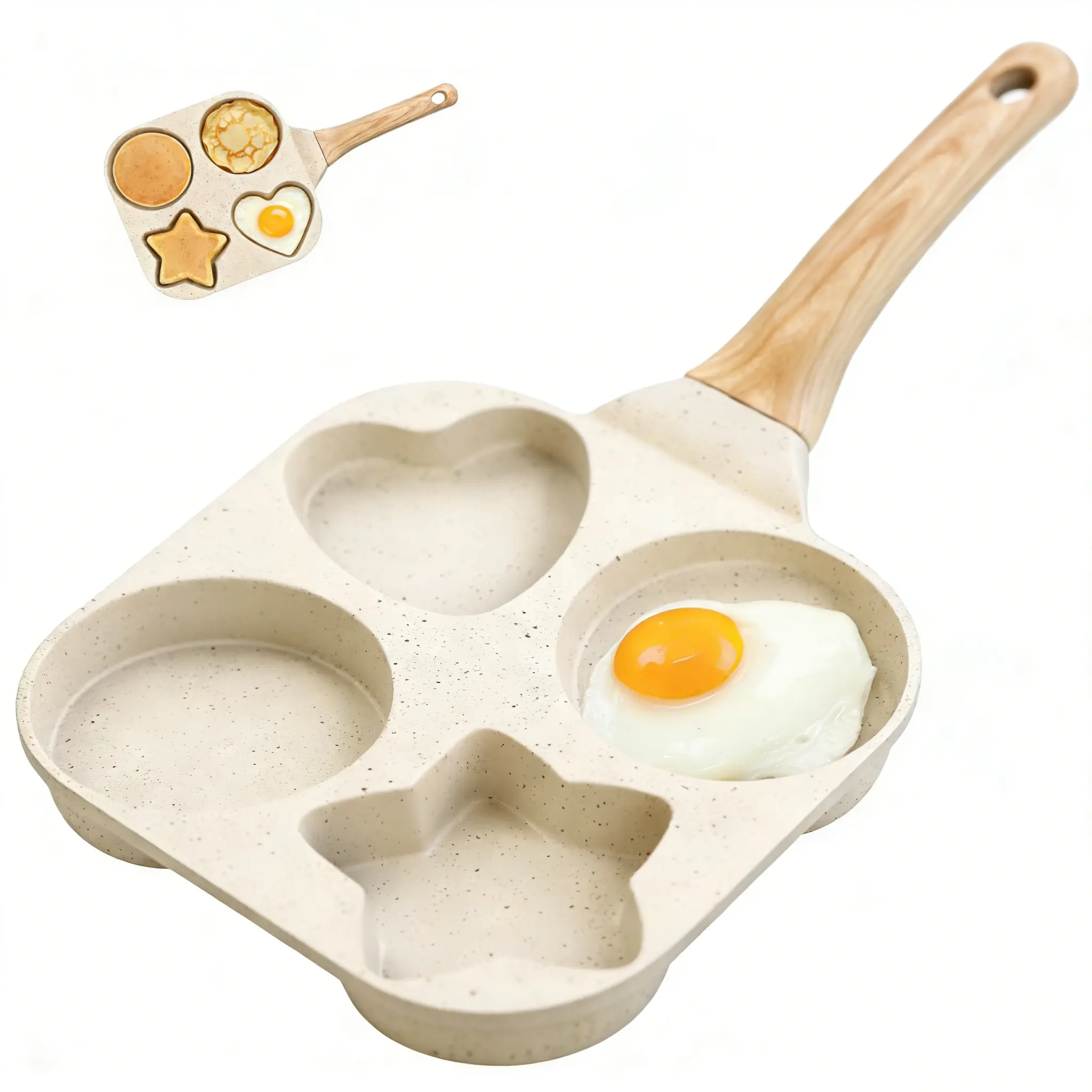 Nonstick 4-Cavity Multifunctional Breakfast Maker Pan - Ergonomic Handle, Nonstick Aluminum Composition Frying Pan for Burgers, Fried Eggs (Beige) Granite Ceramic Cookware, Frying Pans