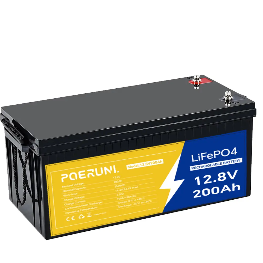 POERUNI 12V 200Ah LiFePO4 Lithium Rechargeable Battery - Deep Cycle BMS, P65 Waterproof, Automotive Grade for Marine Use, Over Charging Protection, LiFePO4 Battery Power Supplies, AC Supply, 12V 200Ah Lifepo4 Battery Pack