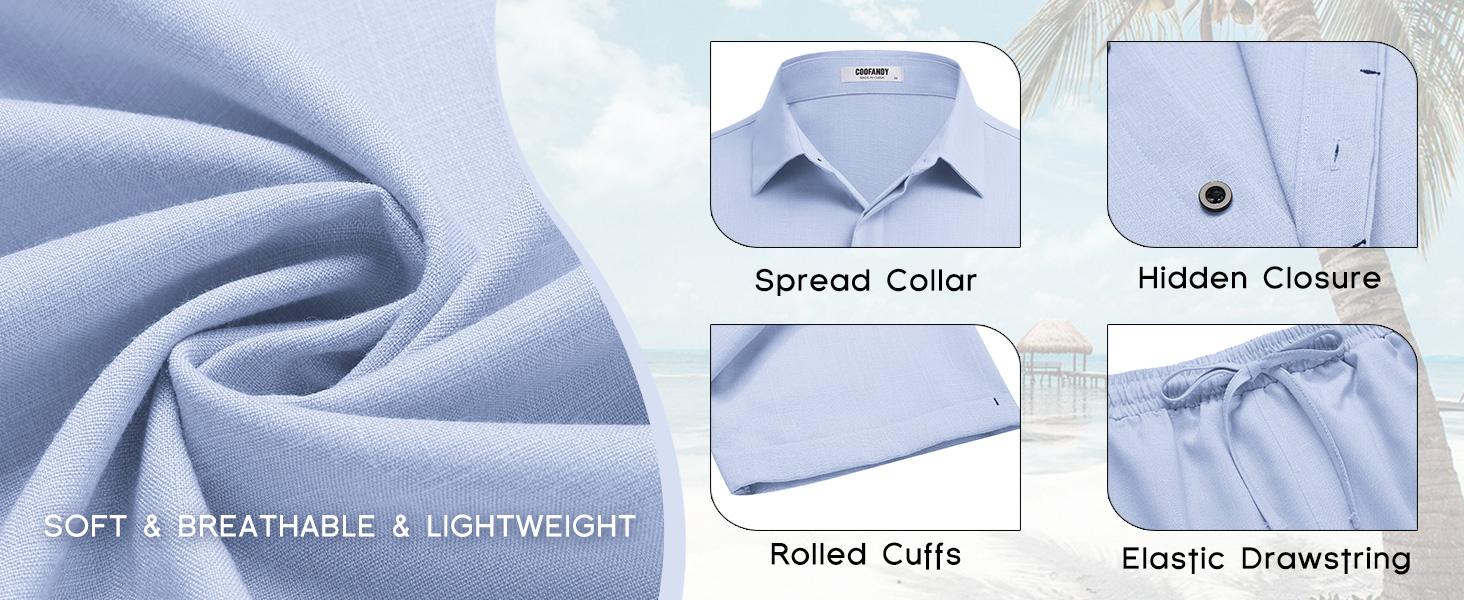 Coofandy Men's Summer Beach Outfit 2-Piece Short Sleeve Shirt & Shorts Set in Premium Linen Texture Fabric for Vacation & Casual Wear