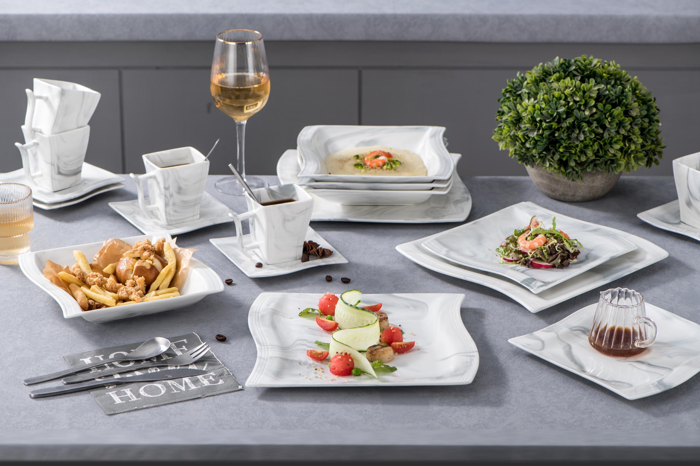 MALACASA Porcelain Dinnerware Set, Unique Wave-like Design Dinner Set, Modern Tableware Sets for 6, Series FLORA Winter Holiday